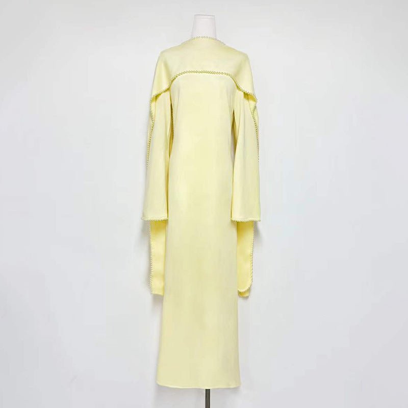 Elegant Pearl Embellished Cape Sleeve Evening Dress(MA337) - Mariam's Collection