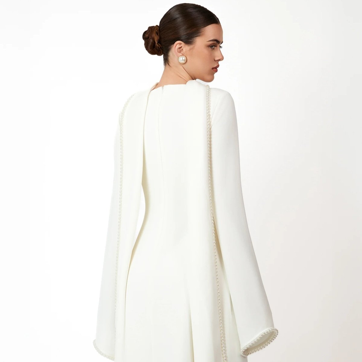 Elegant Pearl Embellished Cape Sleeve Evening Dress(MA337) - Mariam's Collection