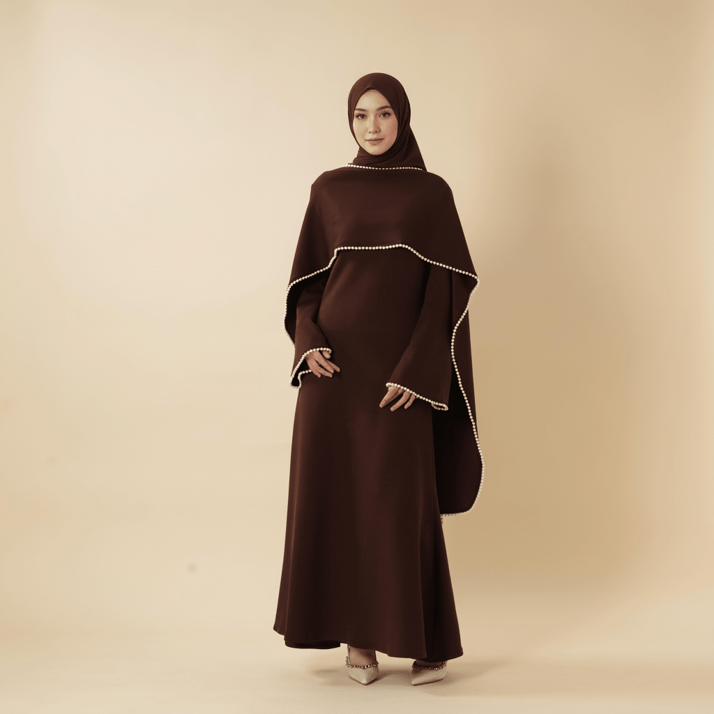 Elegant Pearl Embellished Cape Sleeve Evening Dress(MA337) - Mariam's Collection