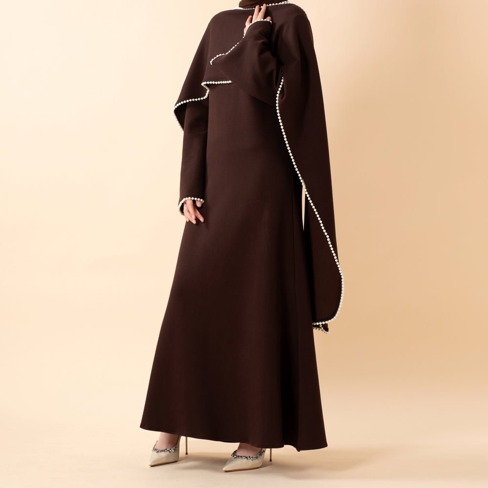 Elegant Pearl Embellished Cape Sleeve Evening Dress(MA337) - Mariam's Collection