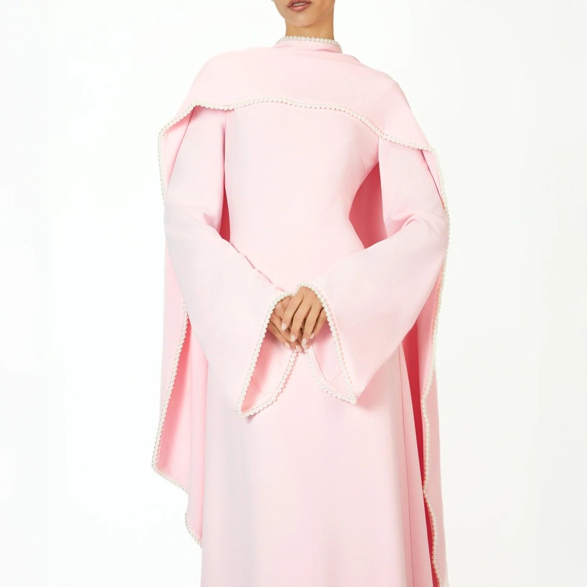 Elegant Pearl Embellished Cape Sleeve Evening Dress(MA400) - Mariam's Collection