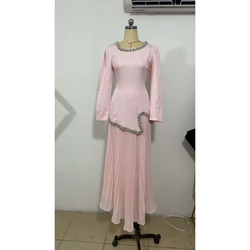 Elegant Pleated Abaya Dress with Diamond Embellished Collar & Waist | Modest Muslim Maxi Dress with Back Strap Detail(MA294) - Mariam's Collection