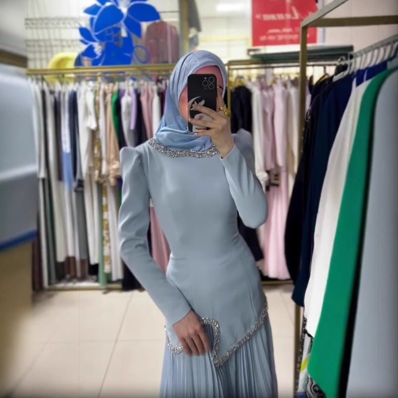 Elegant Pleated Abaya Dress with Diamond Embellished Collar & Waist | Modest Muslim Maxi Dress with Back Strap Detail(MA294) - Mariam's Collection