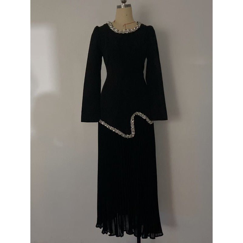 Elegant Pleated Abaya Dress with Diamond Embellished Collar & Waist | Modest Muslim Maxi Dress with Back Strap Detail(MA294) - Mariam's Collection