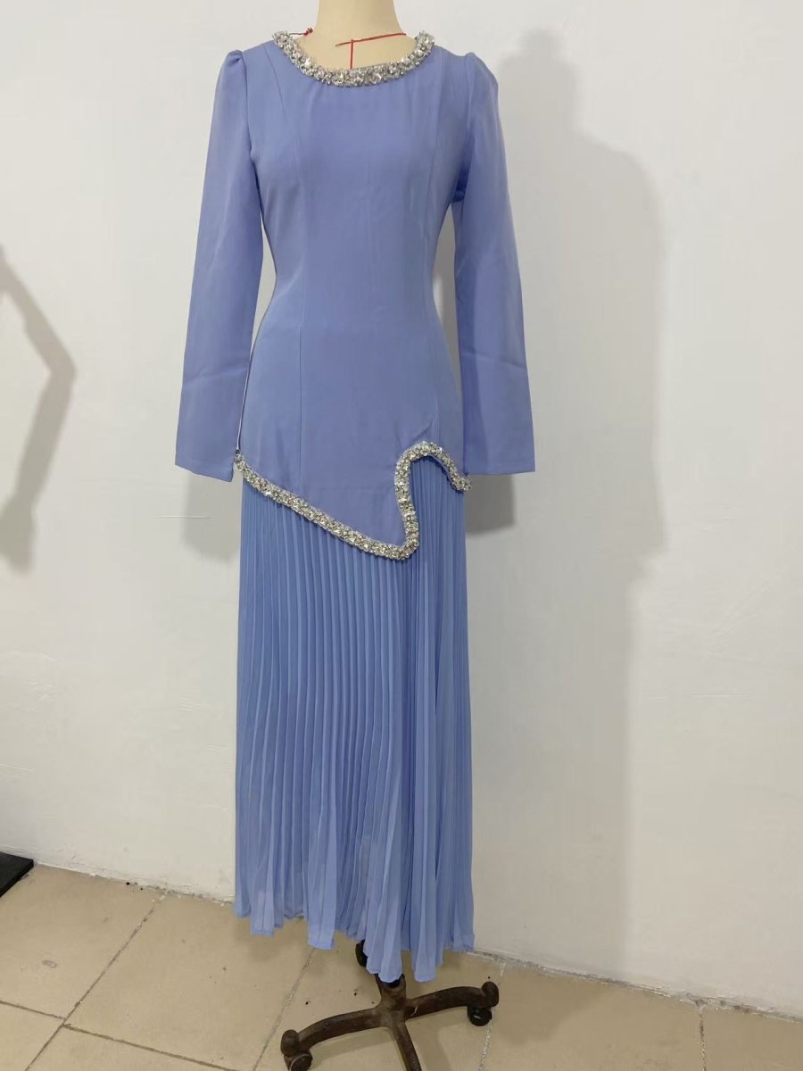 Elegant Pleated Abaya Dress with Diamond Embellished Collar & Waist | Modest Muslim Maxi Dress with Back Strap Detail(MA294) - Mariam's Collection