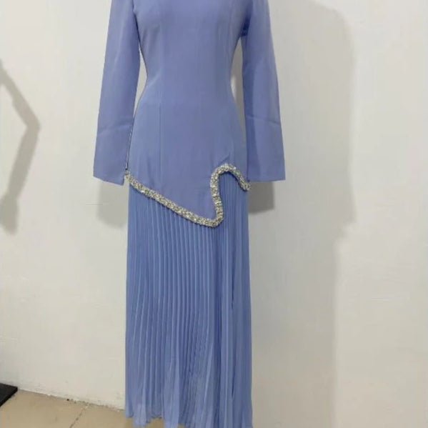 Elegant Pleated Abaya Dress with Diamond Embellished Collar & Waist | Modest Muslim Maxi Dress with Back Strap Detail(MA294) - Mariam's Collection