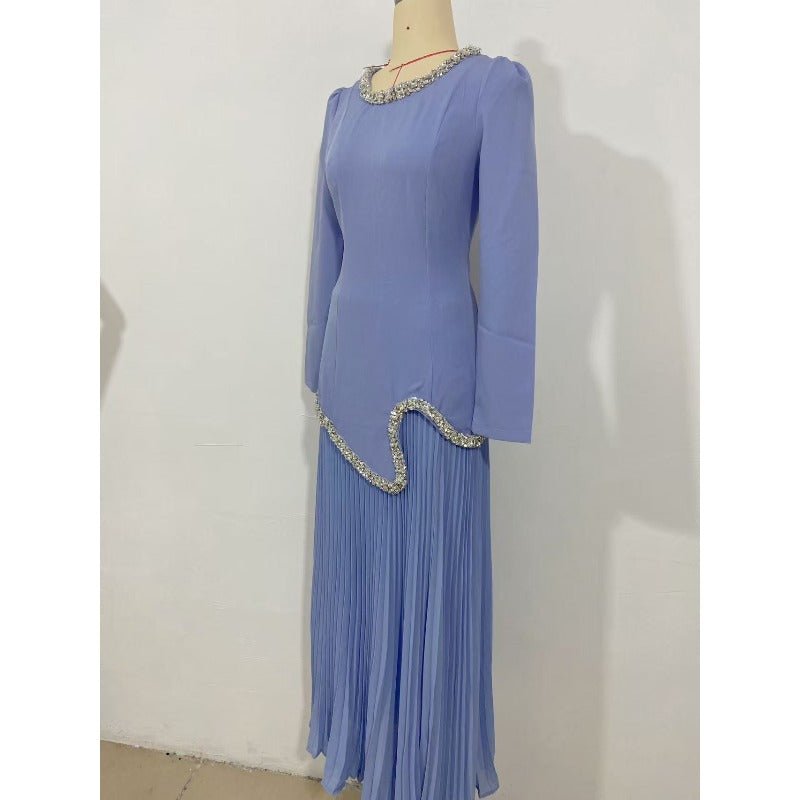 Elegant Pleated Abaya Dress with Diamond Embellished Collar & Waist | Modest Muslim Maxi Dress with Back Strap Detail(MA294) - Mariam's Collection