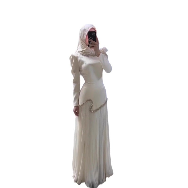 Elegant Pleated Abaya Dress with Diamond Embellished Collar & Waist