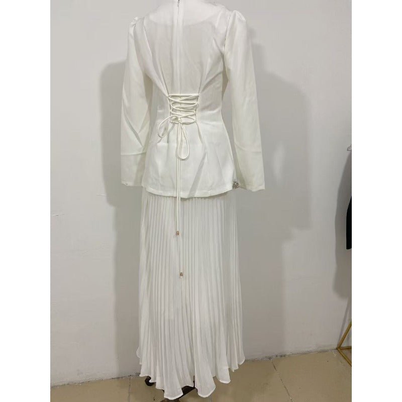 Elegant Pleated Abaya Dress with Diamond Embellished Collar & Waist | Modest Muslim Maxi Dress with Back Strap Detail(MA294) - Mariam's Collection