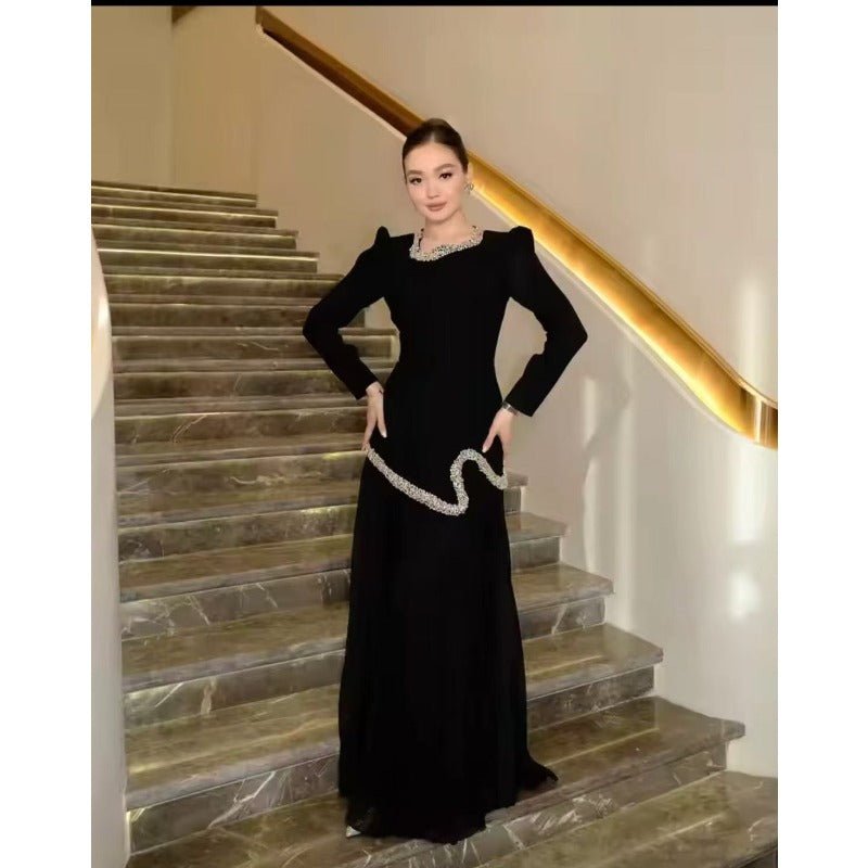 Elegant Pleated Abaya Dress with Diamond Embellished Collar & Waist | Modest Muslim Maxi Dress with Back Strap Detail(MA294) - Mariam's Collection