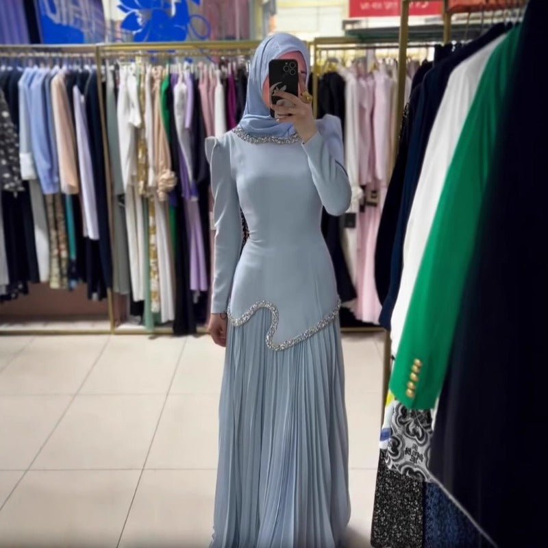 Elegant Pleated Abaya Dress with Diamond Embellished Collar & Waist | Modest Muslim Maxi Dress with Back Strap Detail(MA294) - Mariam's Collection