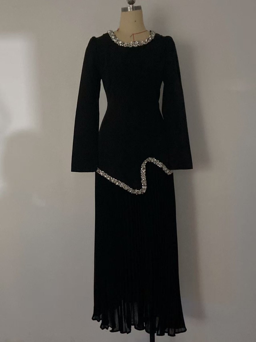 Elegant Pleated Abaya Dress with Diamond Embellished Collar & Waist | Modest Muslim Maxi Dress with Back Strap Detail(MA294) - Mariam's Collection