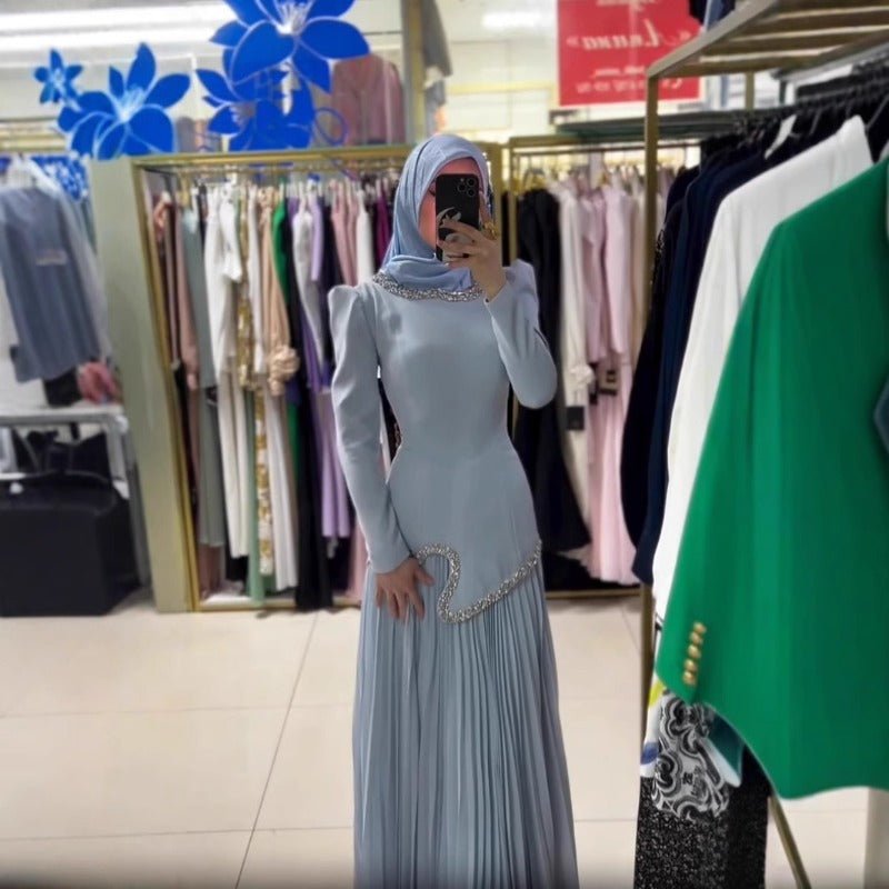 Elegant Pleated Abaya Dress with Diamond Embellished Collar & Waist | Modest Muslim Maxi Dress with Back Strap Detail(MA294) - Mariam's Collection