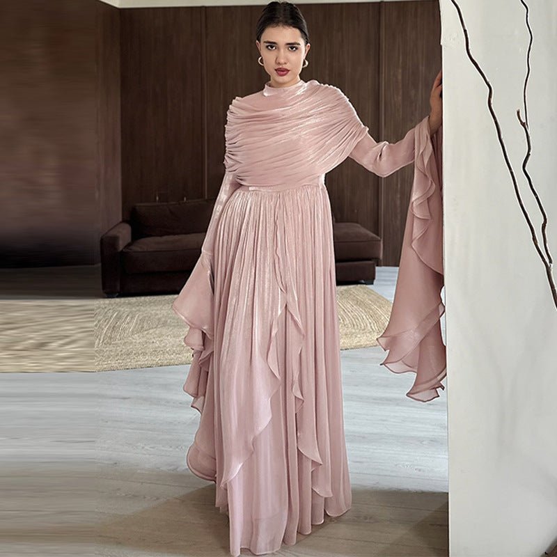 Elegant Pleated Maxi Dress with Slit(MS263), Pink / L