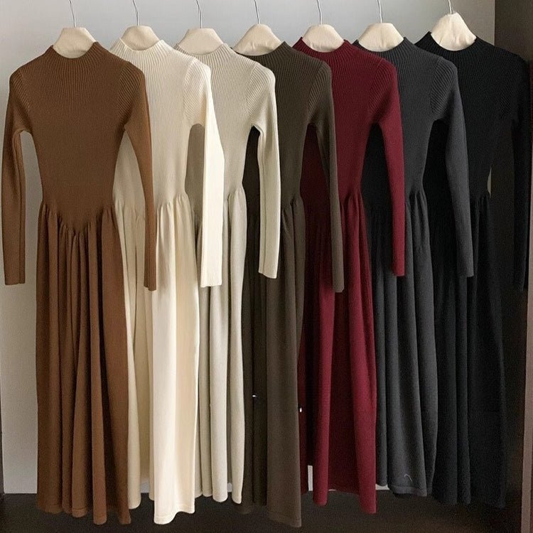 Elegant Ribbed Knit Maxi Dress | Mock Neck A - Line Sweater Dress (MS173) - Mariam's Collection