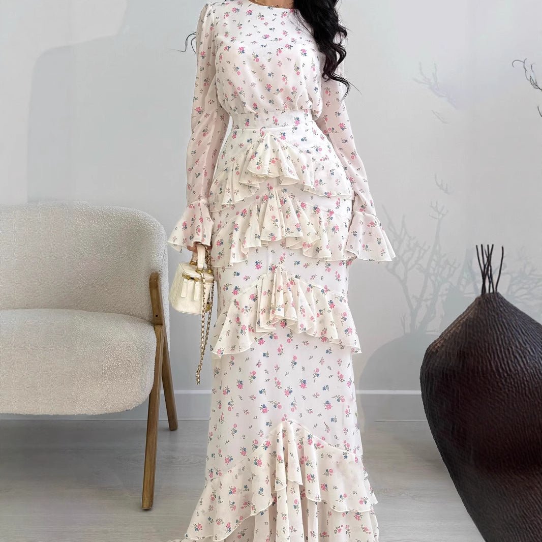 Elegant Romantic Floral Chiffon Fishtail Ruffled Long Sleeve Dress Maxi Dress Abaya. (MA212) White / S Elegant Romantic Floral Chiffon Fishtail Ruffled Long Sleeve Dress Maxi Dress Abaya. (MA212) White / S