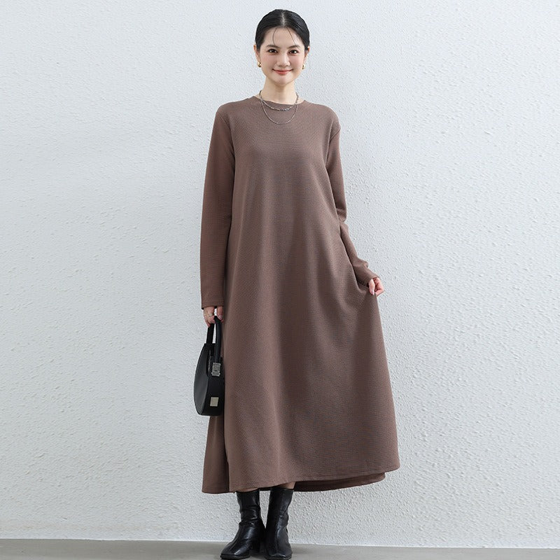 Elegant Round Neck A-Line Maxi Dress - Solid Color Modest Abaya with Pockets(MA310), Apricot / M Elegant Round Neck A-Line Maxi Dress - Solid Color Modest Abaya with Pockets(MA310), Apricot / M