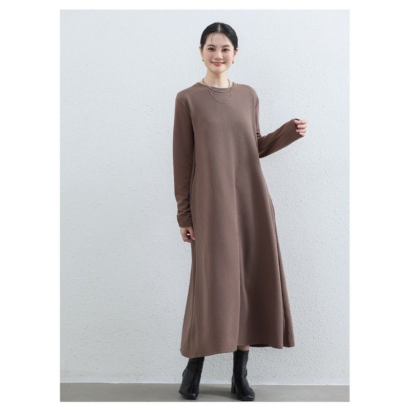 Elegant Round Neck A - Line Maxi Dress - Solid Color Modest Abaya with Pockets(MA310) - Mariam's Collection