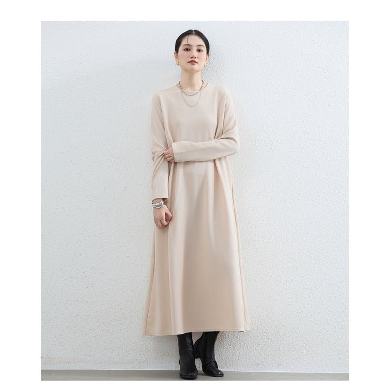 Elegant Round Neck A - Line Maxi Dress - Solid Color Modest Abaya with Pockets(MA310) - Mariam's Collection