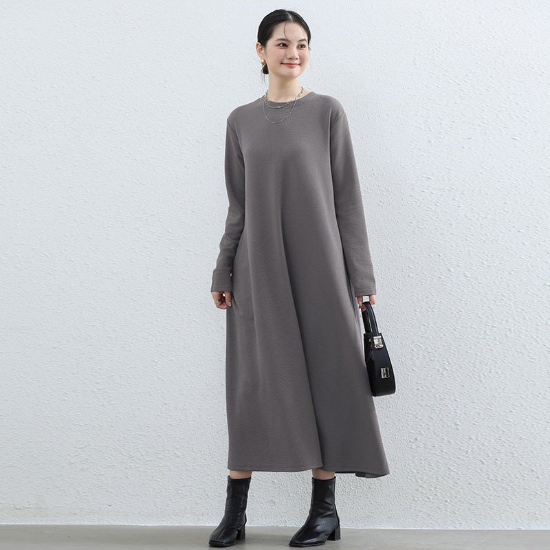 Elegant Round Neck A - Line Maxi Dress - Solid Color Modest Abaya with Pockets(MA310) - Mariam's Collection