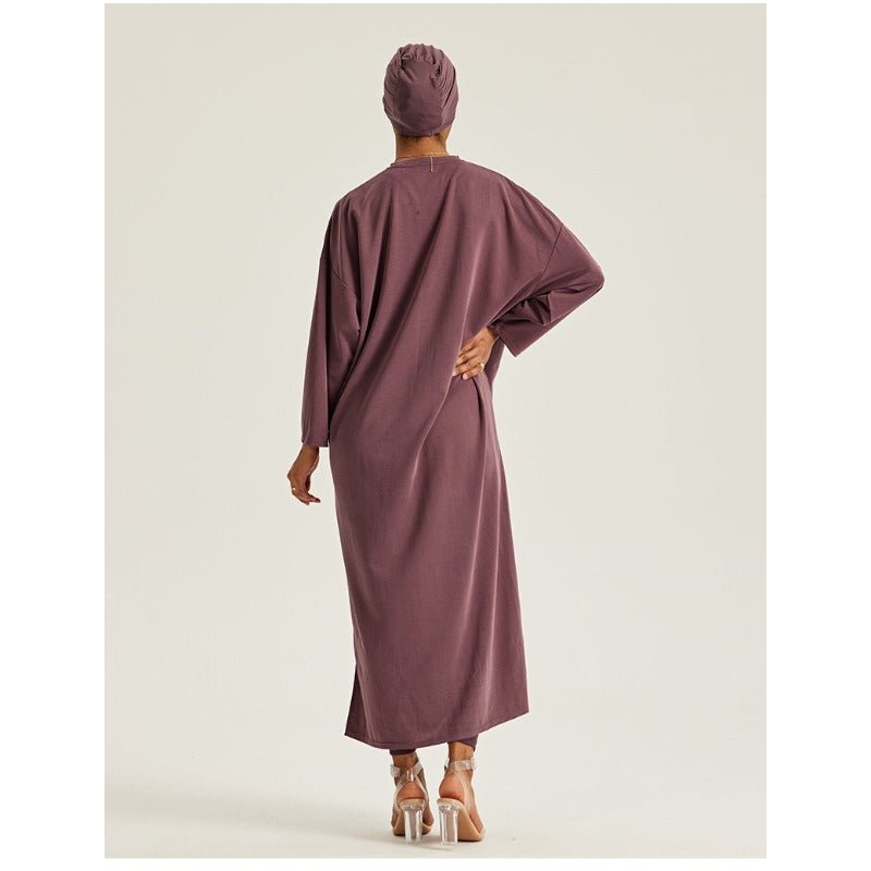 Elegant Round Neck Drop Shoulder Maxi Dress - Solid Color Modest Abaya with Side Slits(MA309) - Mariam's Collection