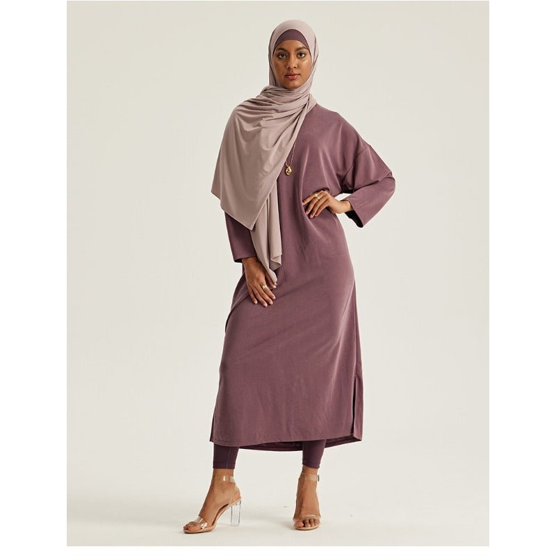 Round Neck Drop Shoulder Maxi Dress - Solid Color Modest Abaya with Side Slits