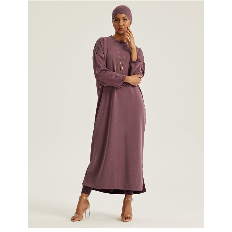 Elegant Round Neck Drop Shoulder Maxi Dress - Solid Color Modest Abaya with Side Slits(MA309) - Mariam's Collection