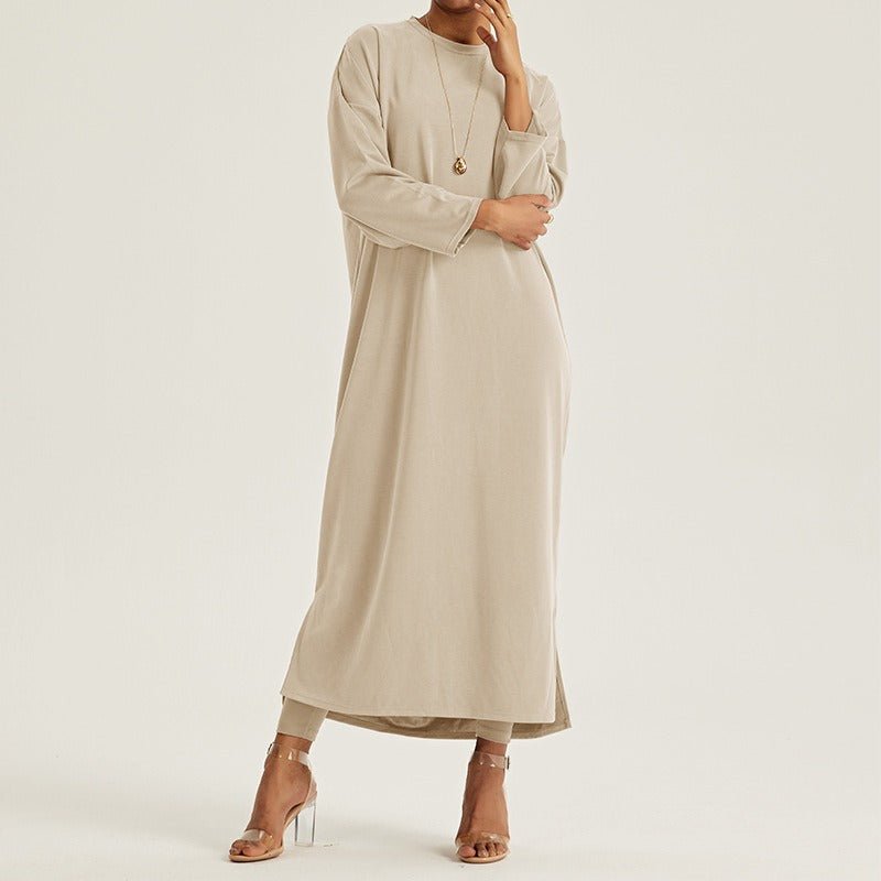 Elegant Round Neck Drop Shoulder Maxi Dress - Solid Color Modest Abaya with Side Slits(MA309) - Mariam's Collection
