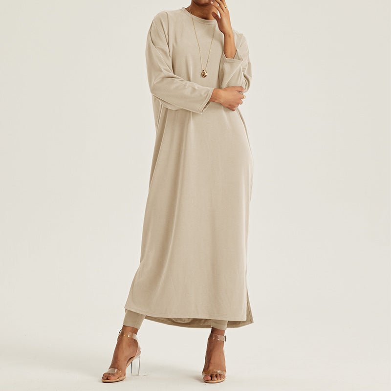 Elegant Round Neck Drop Shoulder Maxi Dress - Solid Color Modest Abaya with Side Slits(MA309) - Mariam's Collection