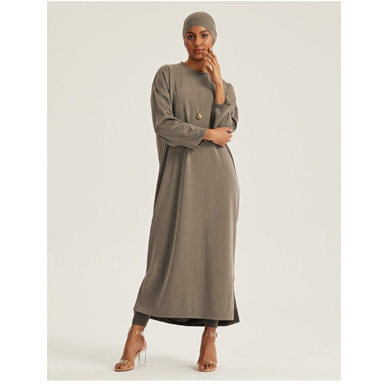 Elegant Round Neck Drop Shoulder Maxi Dress - Solid Color Modest Abaya with Side Slits(MA309) - Mariam's Collection