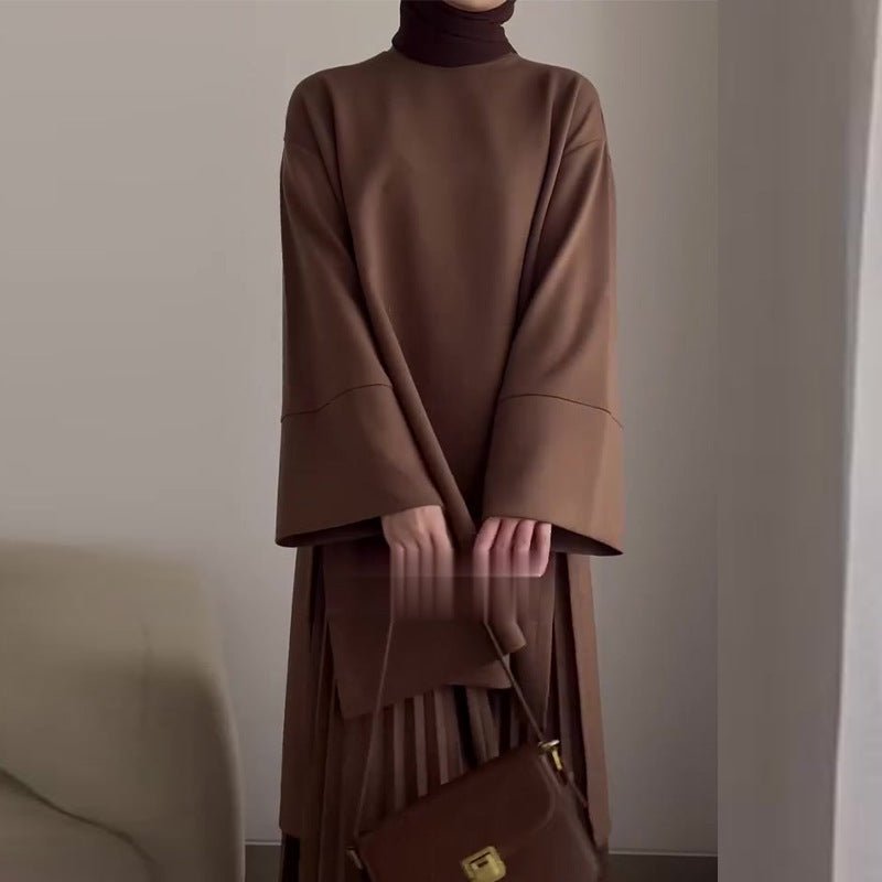 Elegant Round Neck Wide Sleeve Top & Pleated Skirt Set | Mid - Length Two - Piece Modest Outfit(MS126) - Mariam's Collection