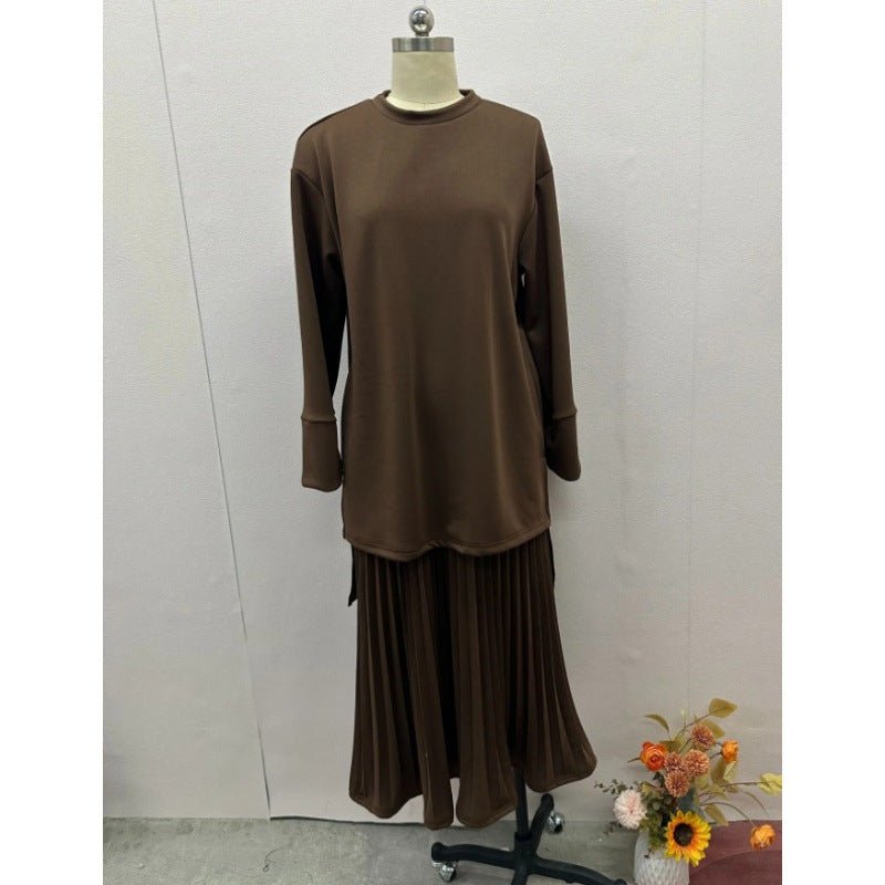 Elegant Round Neck Wide Sleeve Top & Pleated Skirt Set | Mid - Length Two - Piece Modest Outfit(MS126) - Mariam's Collection