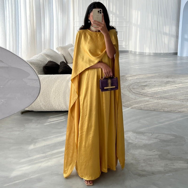 Elegant Royal Satin Abaya Dress | Modest Cape Sleeve Maxi Robe with Luxurious Draping(MA289) Black / M Elegant Royal Satin Abaya Dress | Modest Cape Sleeve Maxi Robe with Luxurious Draping(MA289) Black / M