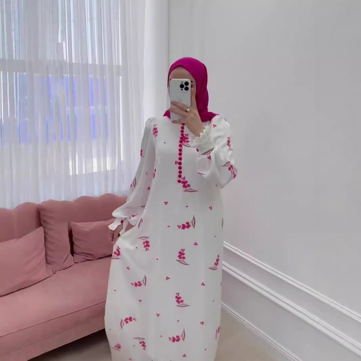 Elegant Ruffle Sleeve Romantic Pink Floral Maxi Dress Modest Gown Abaya. (MA227) - Mariam's Collection