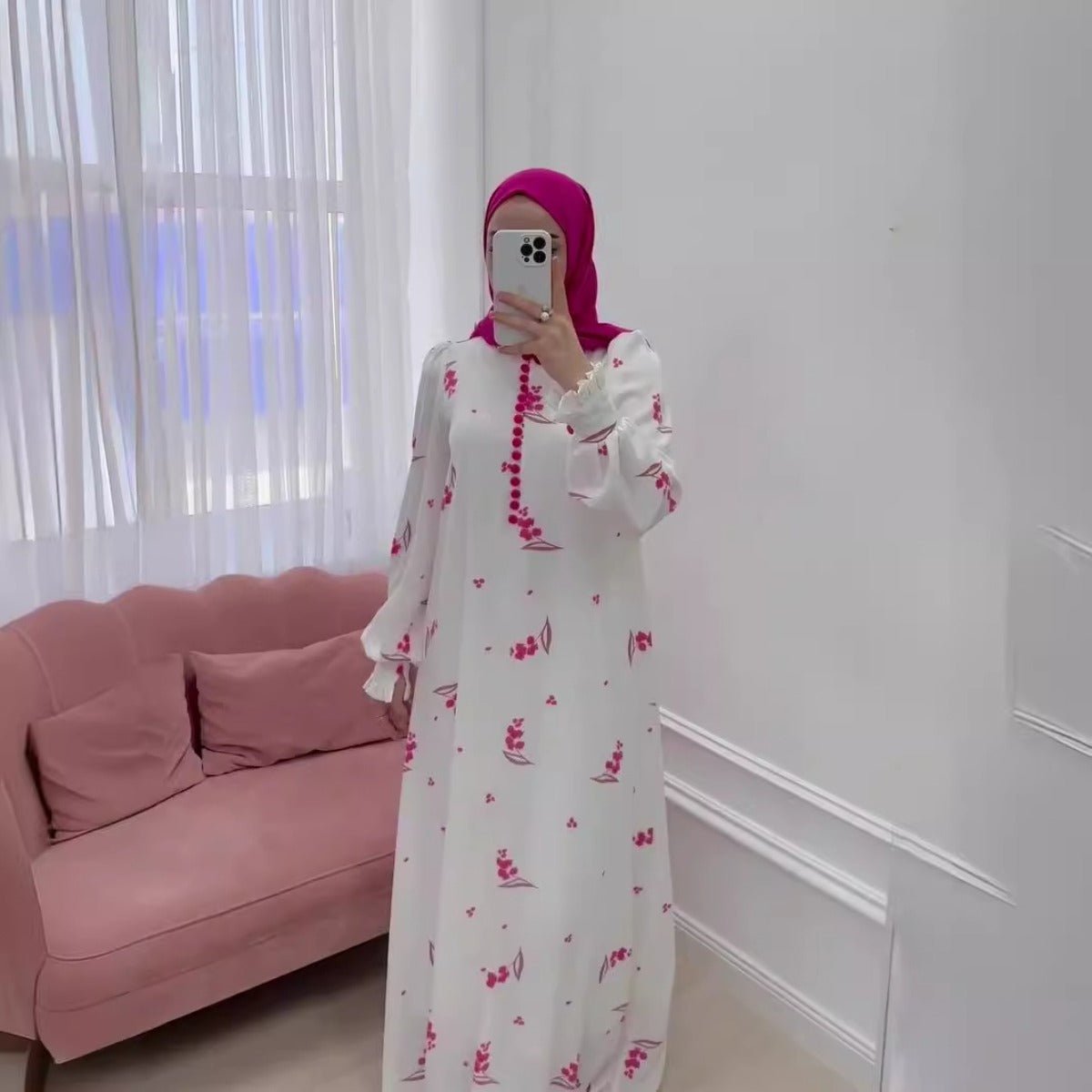 Elegant Ruffle Sleeve Romantic Pink Floral Maxi Dress Modest Gown Abaya. (MA227) - Mariam's Collection