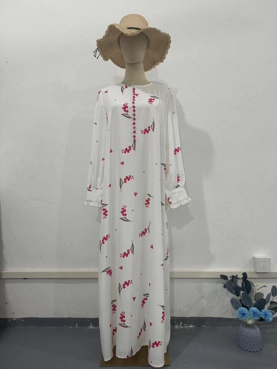 Elegant Ruffle Sleeve Romantic Pink Floral Maxi Dress Modest Gown Abaya. (MA227) - Mariam's Collection