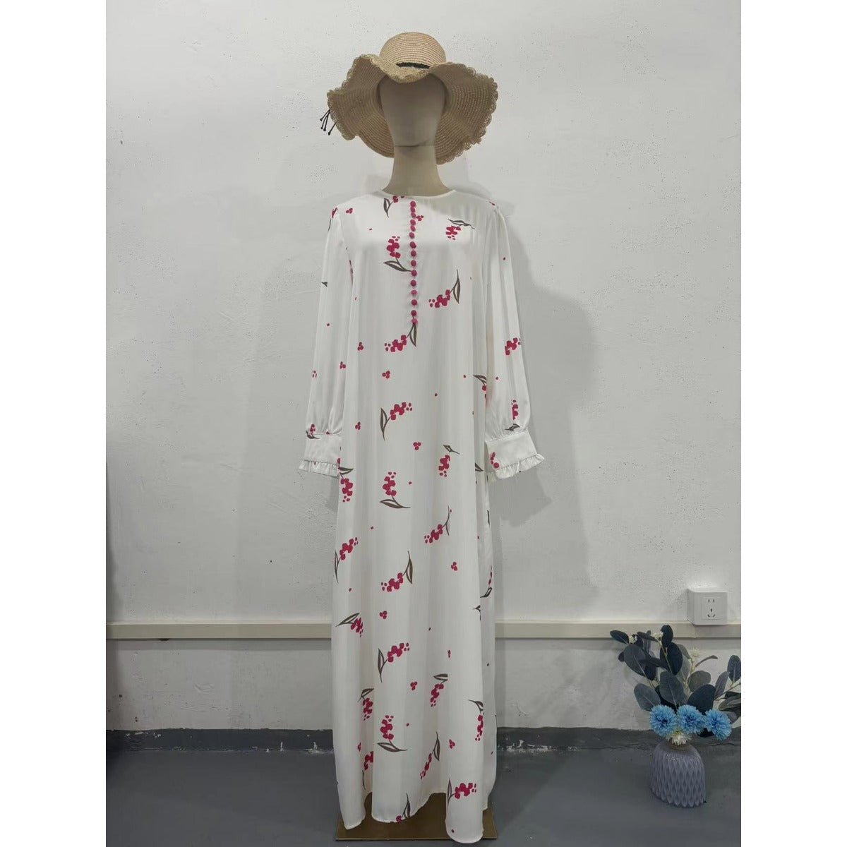 Elegant Ruffle Sleeve Romantic Pink Floral Maxi Dress Modest Gown Abaya. (MA227) - Mariam's Collection