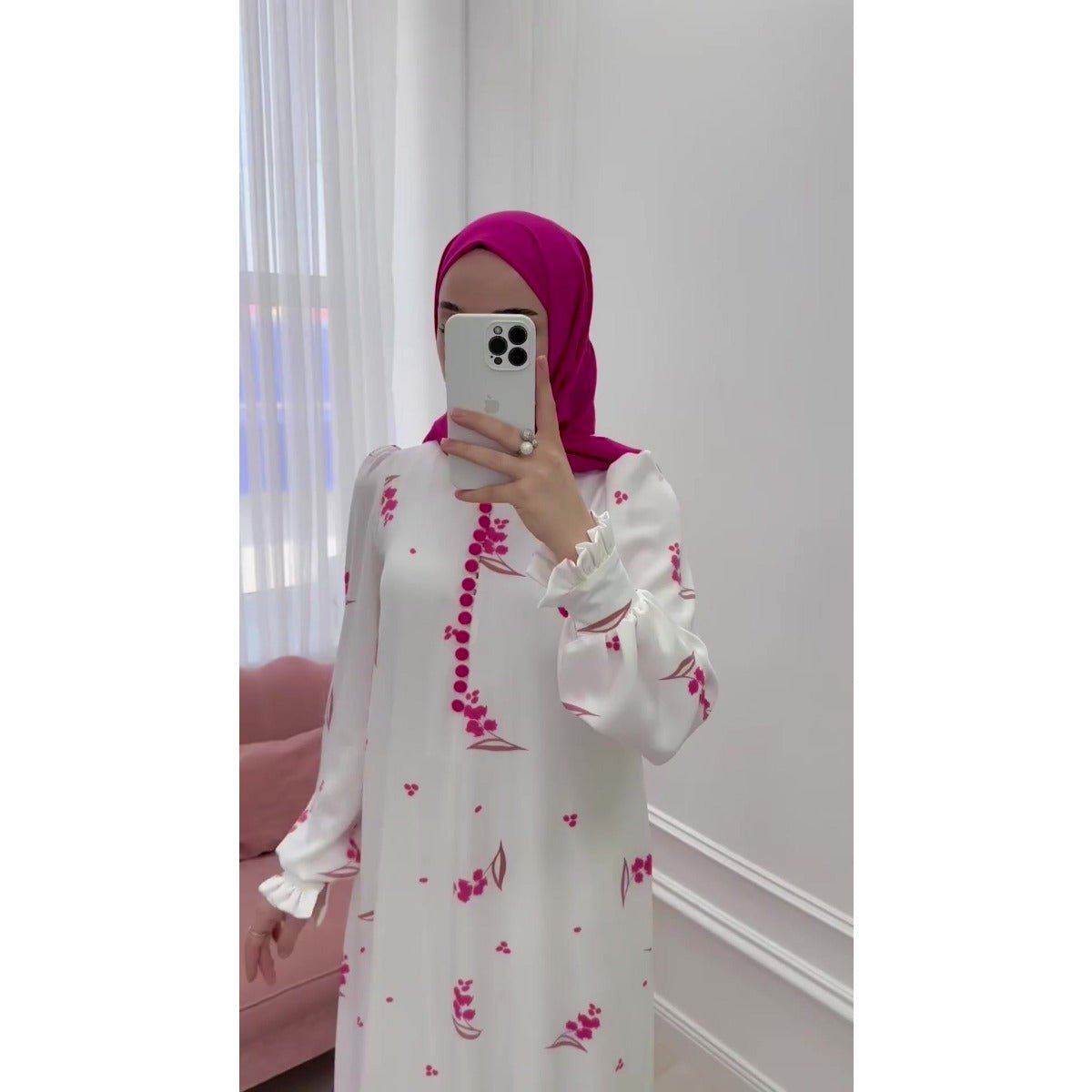 Elegant Ruffle Sleeve Romantic Pink Floral Maxi Dress Modest Gown Abaya. (MA227) - Mariam's Collection