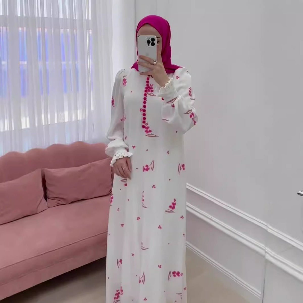 Elegant Ruffle Sleeve Romantic Pink Floral Maxi Dress Modest Gown Abaya. (MA227) - Mariam's Collection