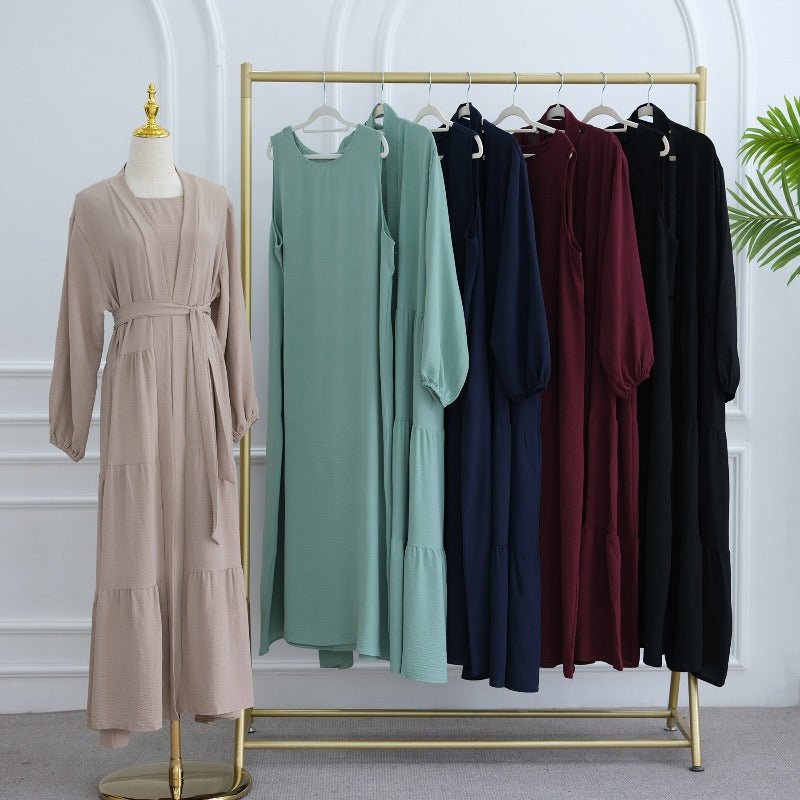 Elegant Ruffle Trim Three - Piece Set | Sleeveless Inner Top Cardigan & Belt(MOA241) - Mariam's Collection