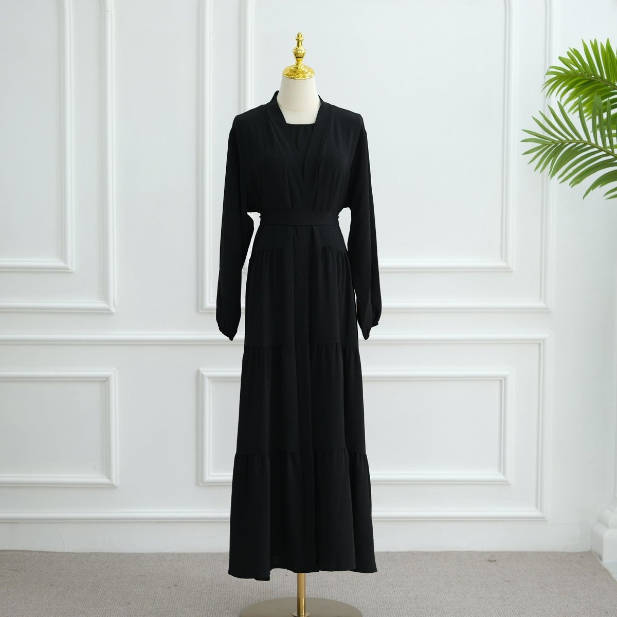 Elegant Ruffle Trim Three - Piece Set | Sleeveless Inner Top Cardigan & Belt(MOA241) - Mariam's Collection