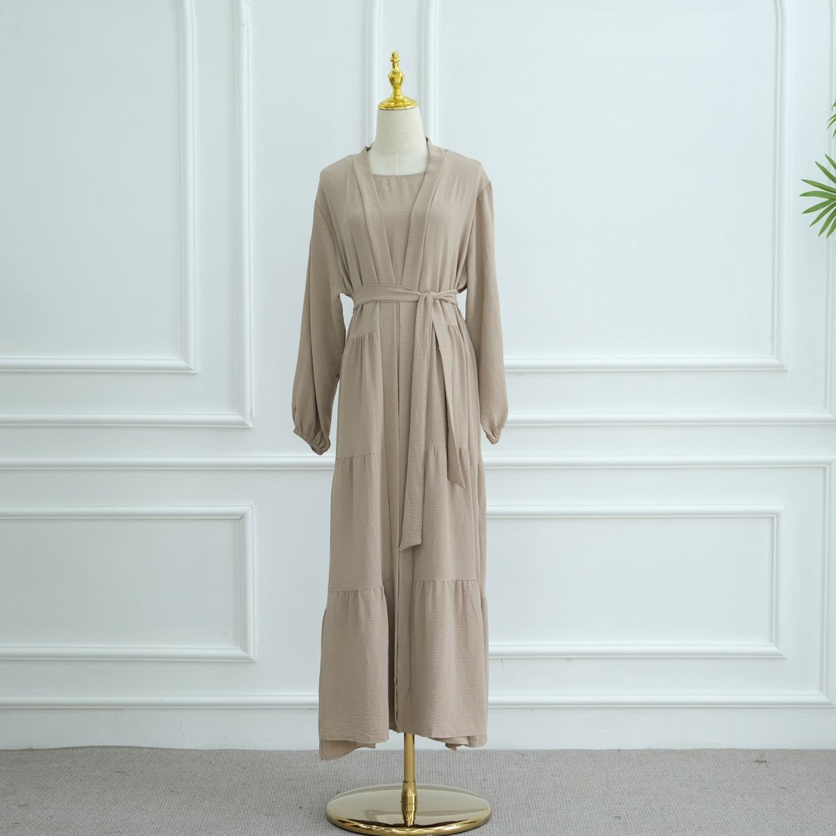 Elegant Ruffle Trim Three - Piece Set | Sleeveless Inner Top Cardigan & Belt(MOA241) - Mariam's Collection