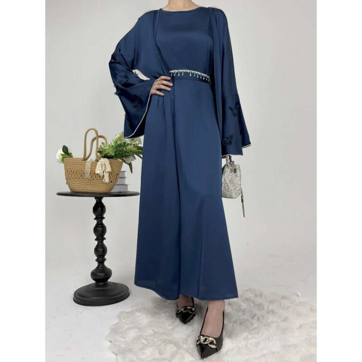 Elegant Satin Abaya, Flared Sleeve Abaya 3 - Piece Set (MOA143) - Mariam's Collection