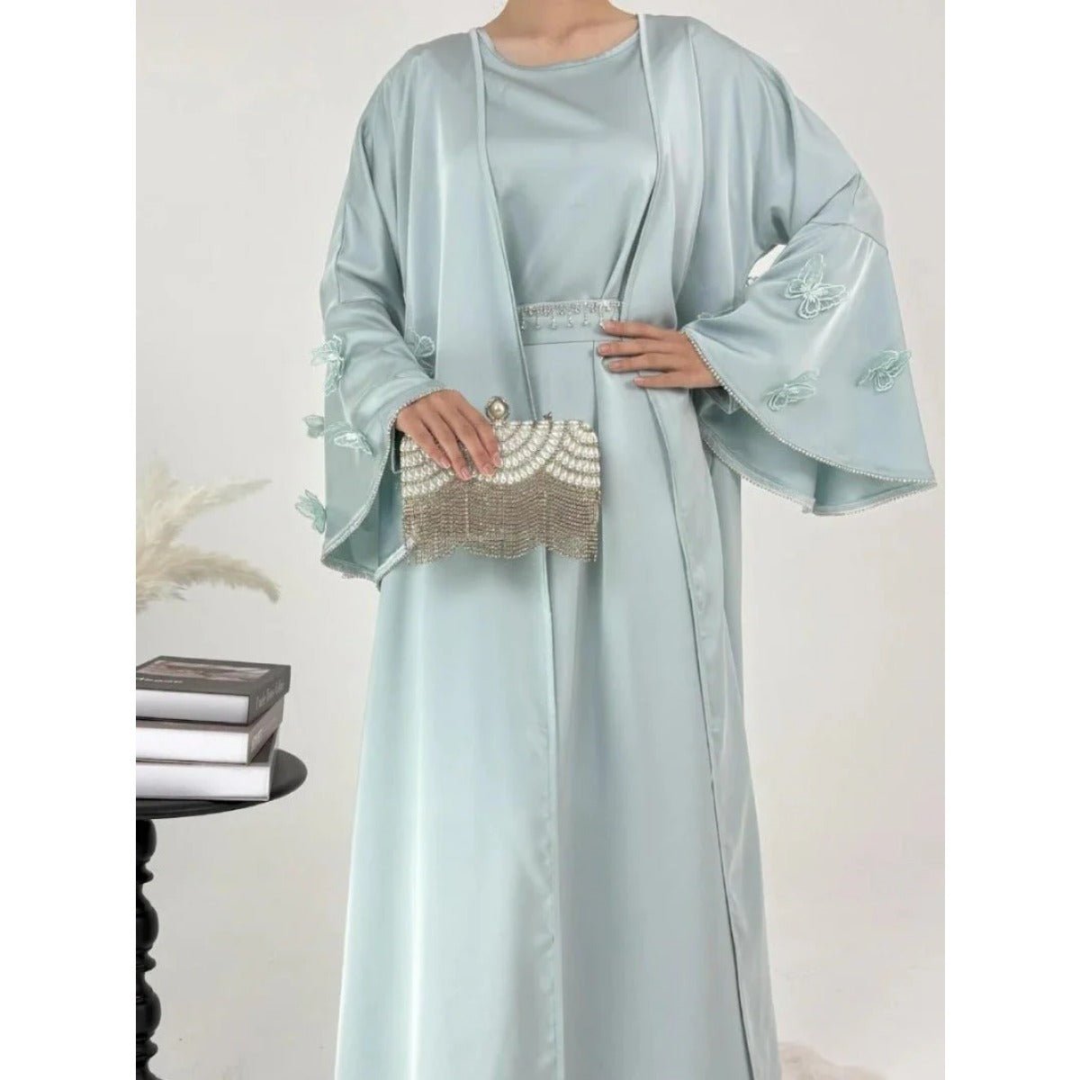 Elegant Satin Abaya, Flared Sleeve Abaya 3 - Piece Set (MOA143) - Mariam's Collection