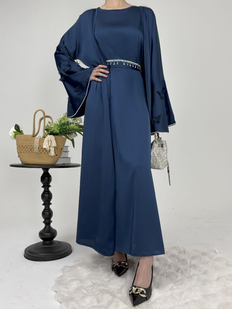 Elegant Satin Abaya, Flared Sleeve Abaya 3 - Piece Set (MOA143) - Mariam's Collection