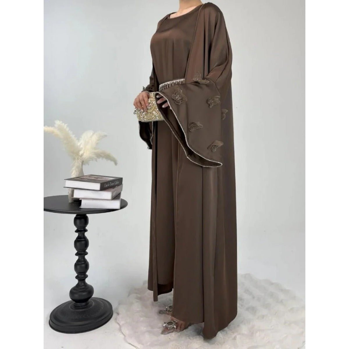Elegant Satin Abaya, Flared Sleeve Abaya 3 - Piece Set (MOA143) - Mariam's Collection