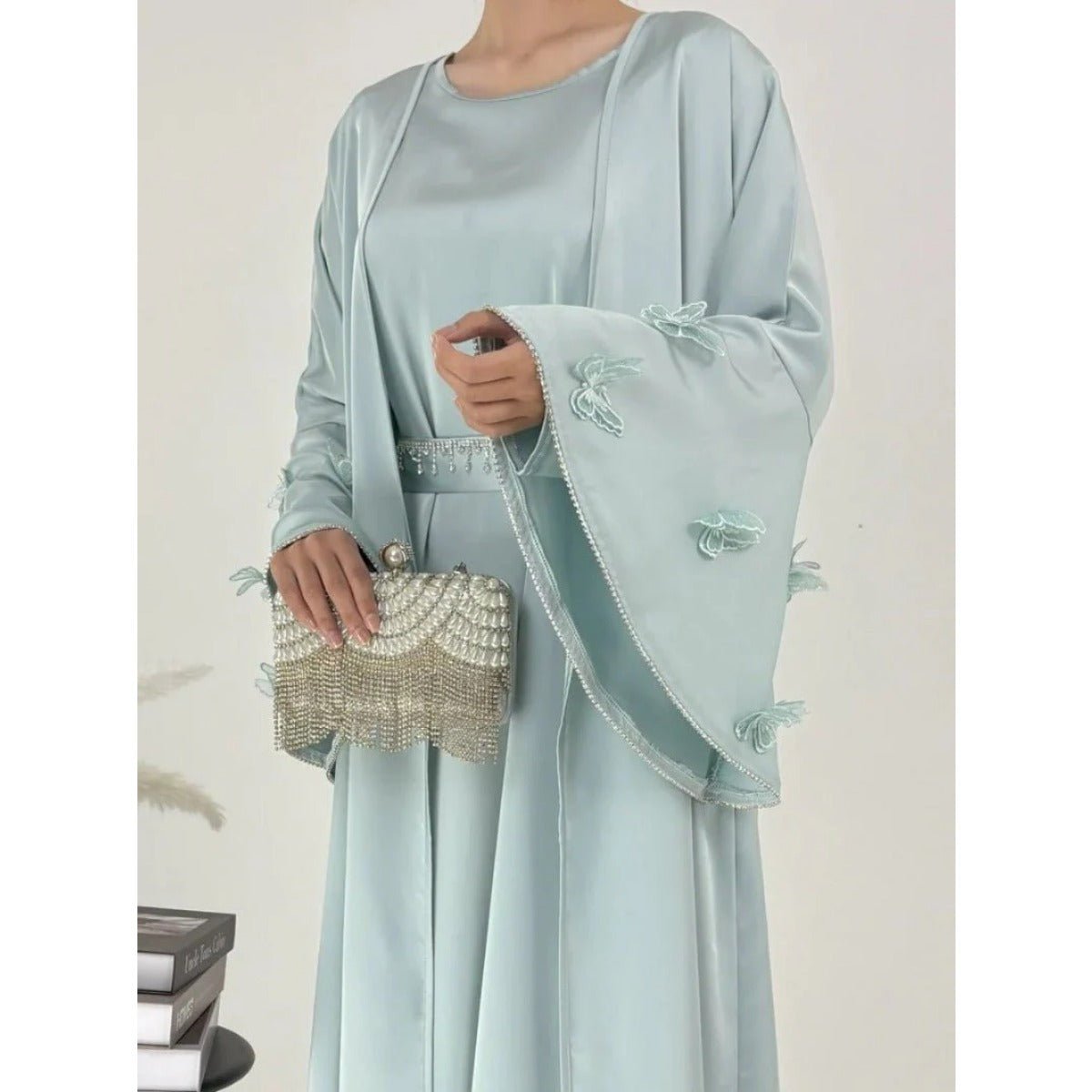 Elegant Satin Abaya, Flared Sleeve Abaya 3 - Piece Set (MOA143) - Mariam's Collection