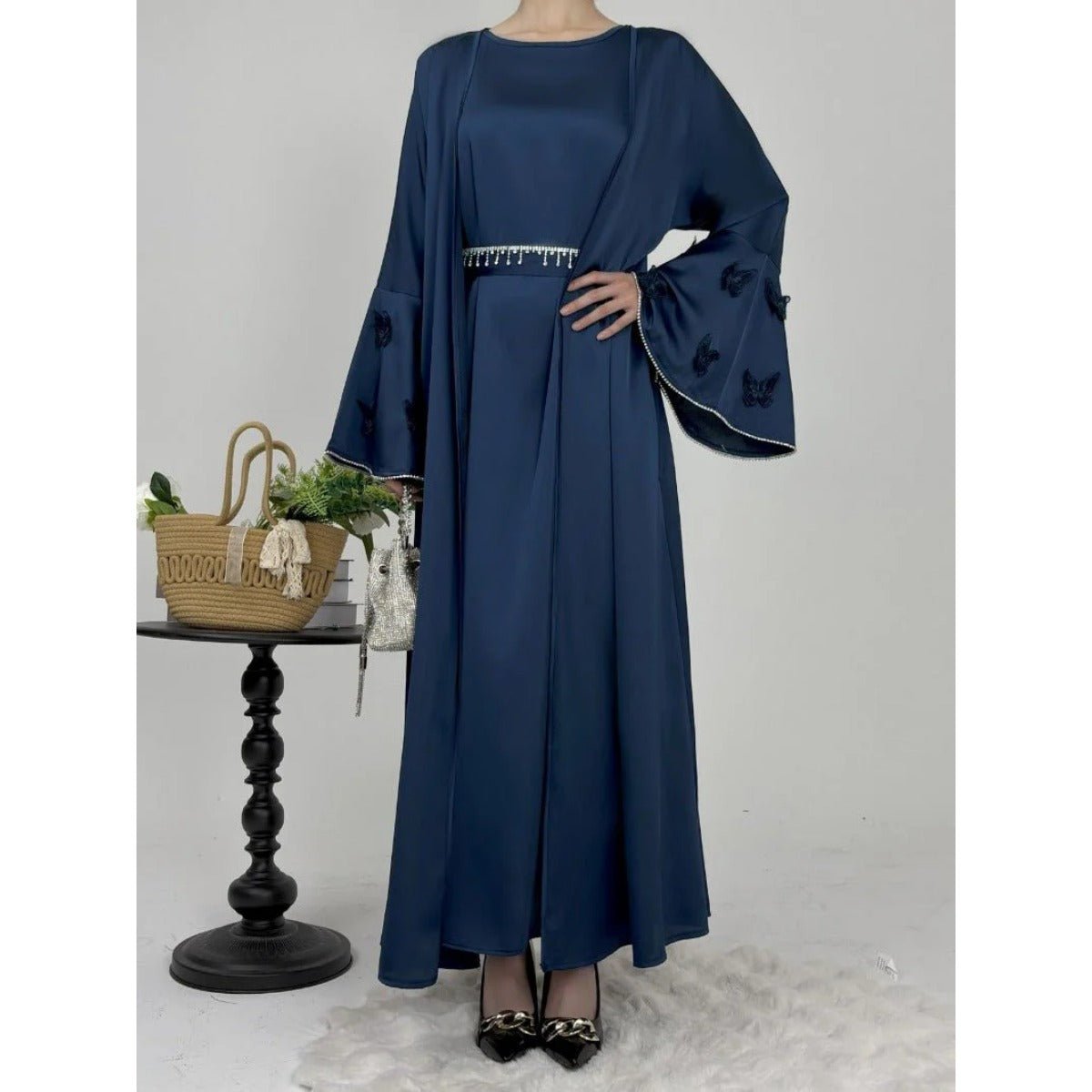 Elegant Satin Abaya, Flared Sleeve Abaya 3 - Piece Set (MOA143) - Mariam's Collection