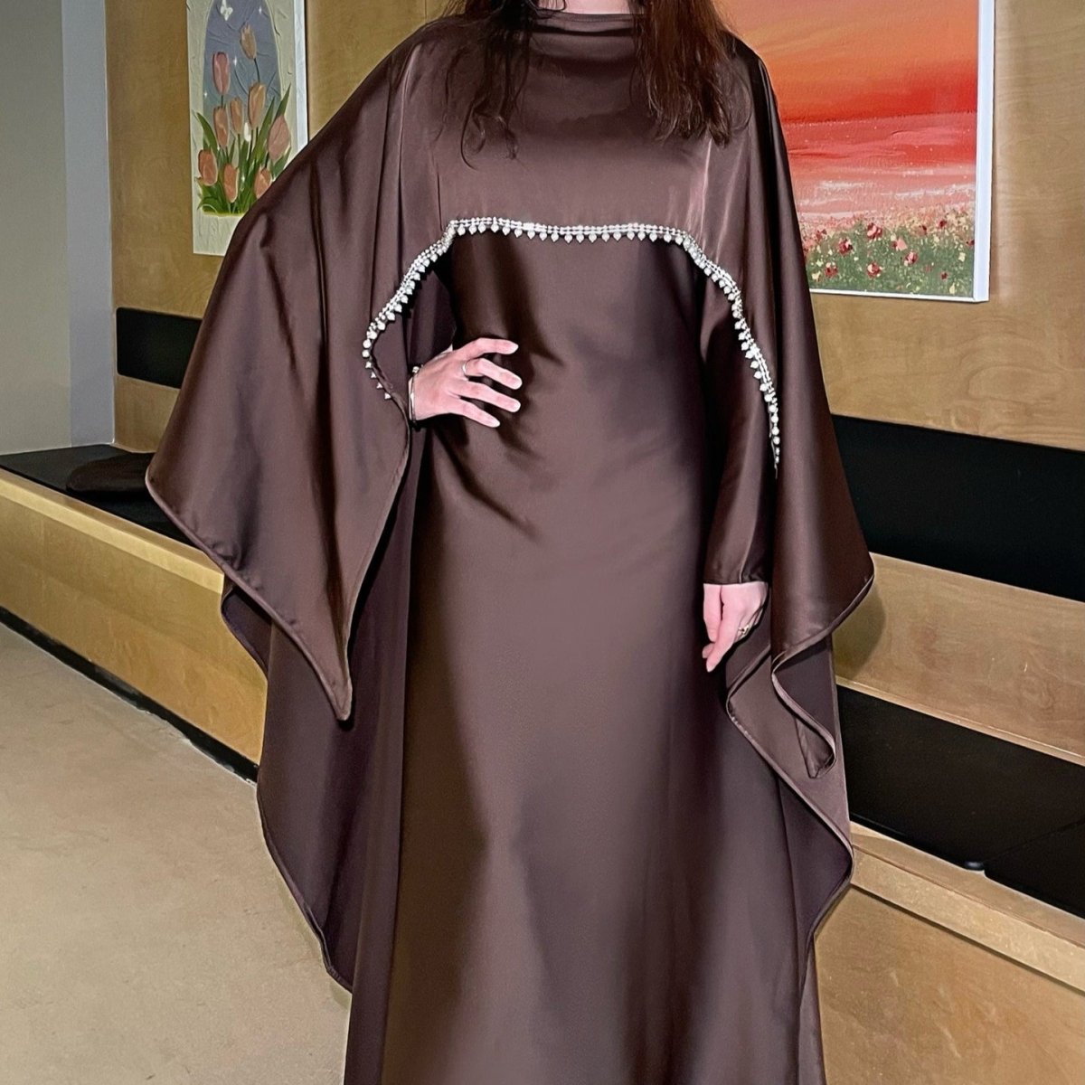 Elegant Satin Abaya with Rhinestone Cape | Luxurious Modest Evening Dress (MA327) - Mariam's Collection