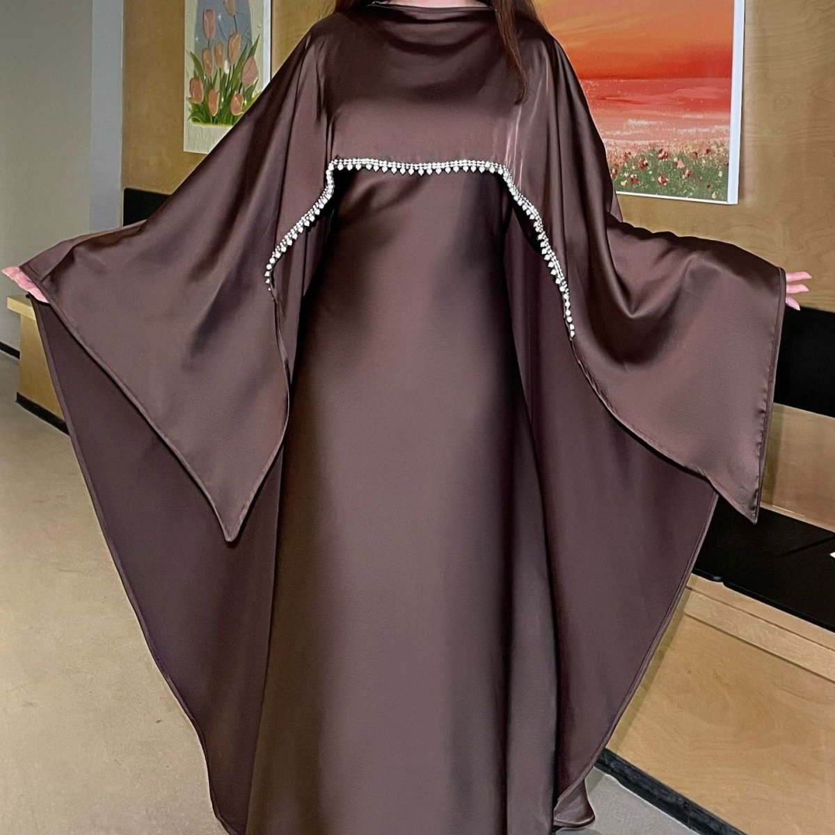 Elegant Satin Abaya with Rhinestone Cape | Luxurious Modest Evening Dress (MA327) - Mariam's Collection